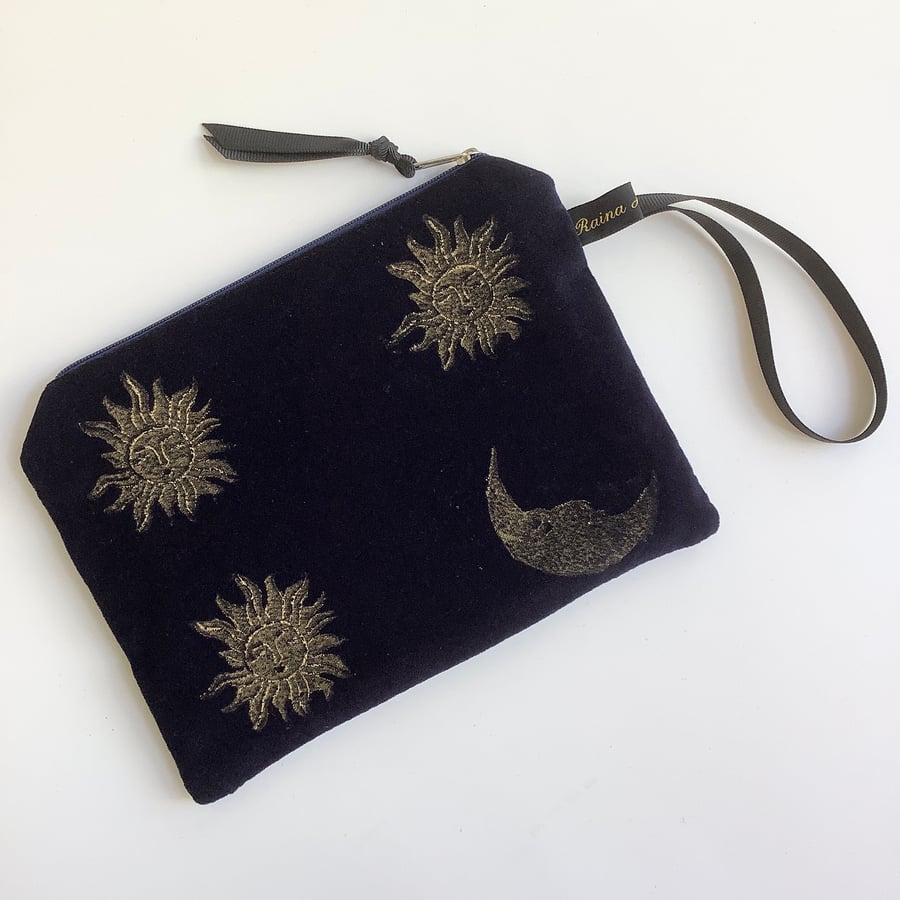 Midnight Blue Sun and Moon velvet zip-up pouch