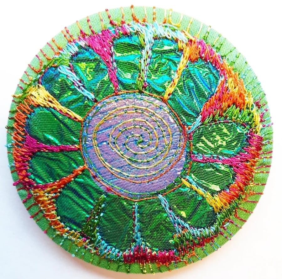 58mm Fabric Badge with Free Machine Embroidery Green 