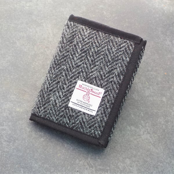 Harris tweed wallet grey herringbone wool fabric billfold 