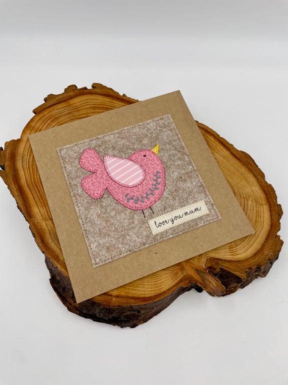 Cute little bird embroidered appliqué card for Mum