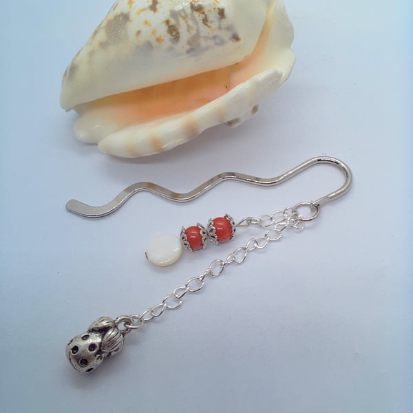 Silver Bookmark with Coral & Mother of Pearl Beaded Charm and Strawberry Charm