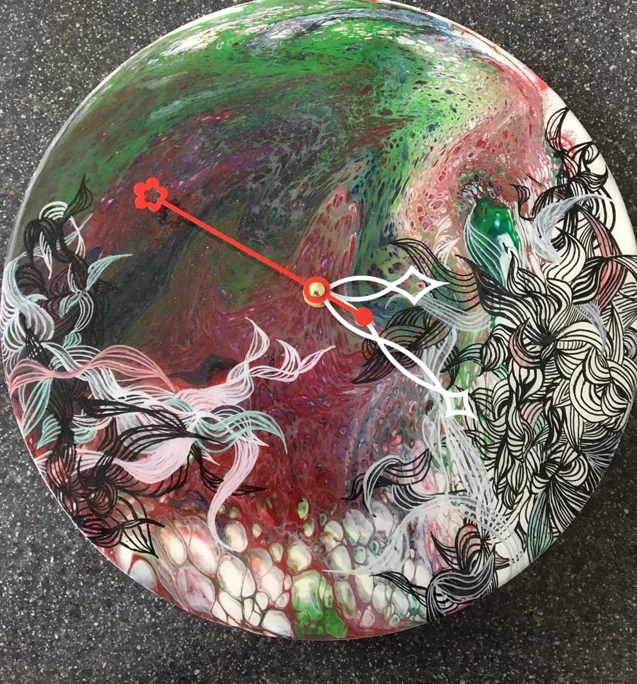  Wall clock, an acrylic pour painting, embellished with lines and glitter 