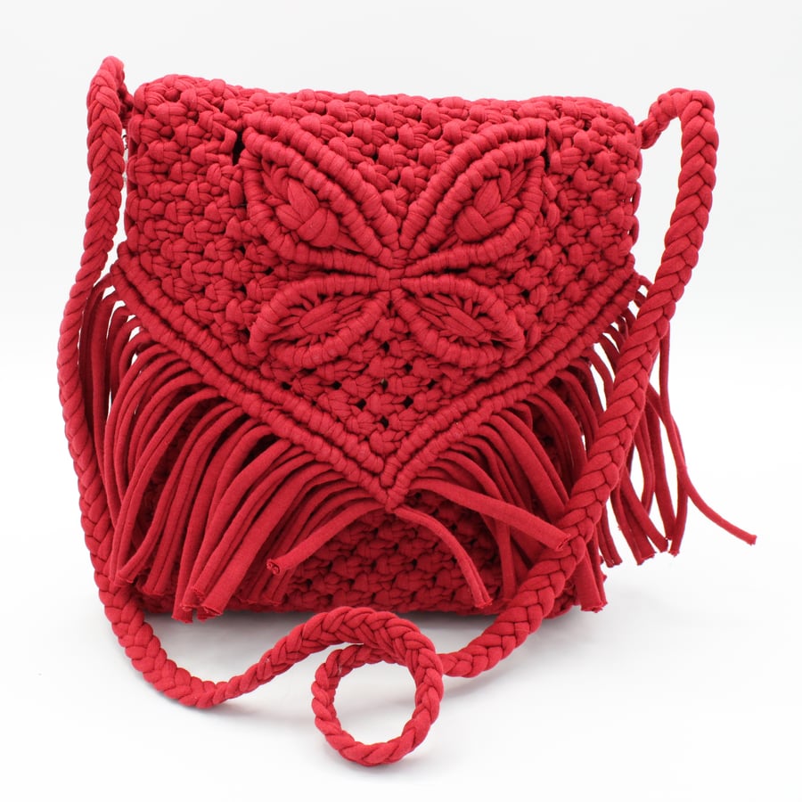 Red macrame shoulder bag - lined butterfly bag