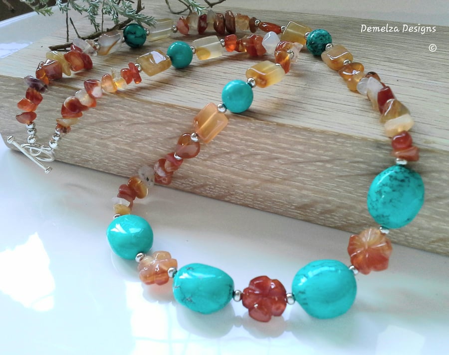 Carnelian & Turquoise (Rec) Silver Plate Necklace