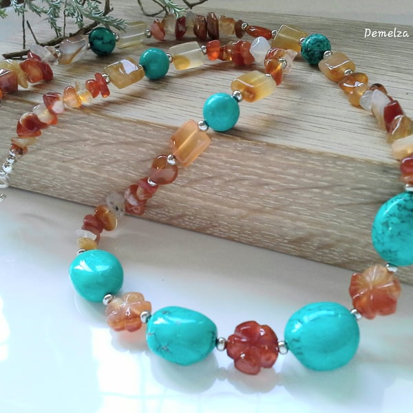 Carnelian & Turquoise  Silver Plate Necklace