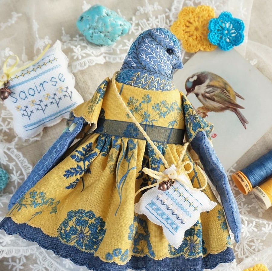 Saoirse, A Hand Embroidered Blue Tit Folk Art Doll