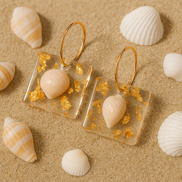 Shell Resin Square Hoop Earrings – Gold Leaf Coastal Drops