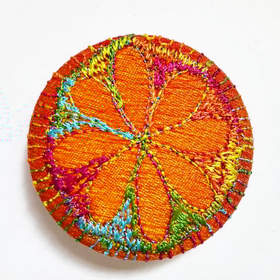 38mm Hand Dyed Fabric Heart Badge with Free Machine Embroidery 