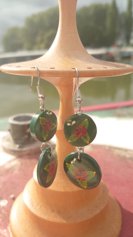 Rose and castle handpainted earrings, double drop