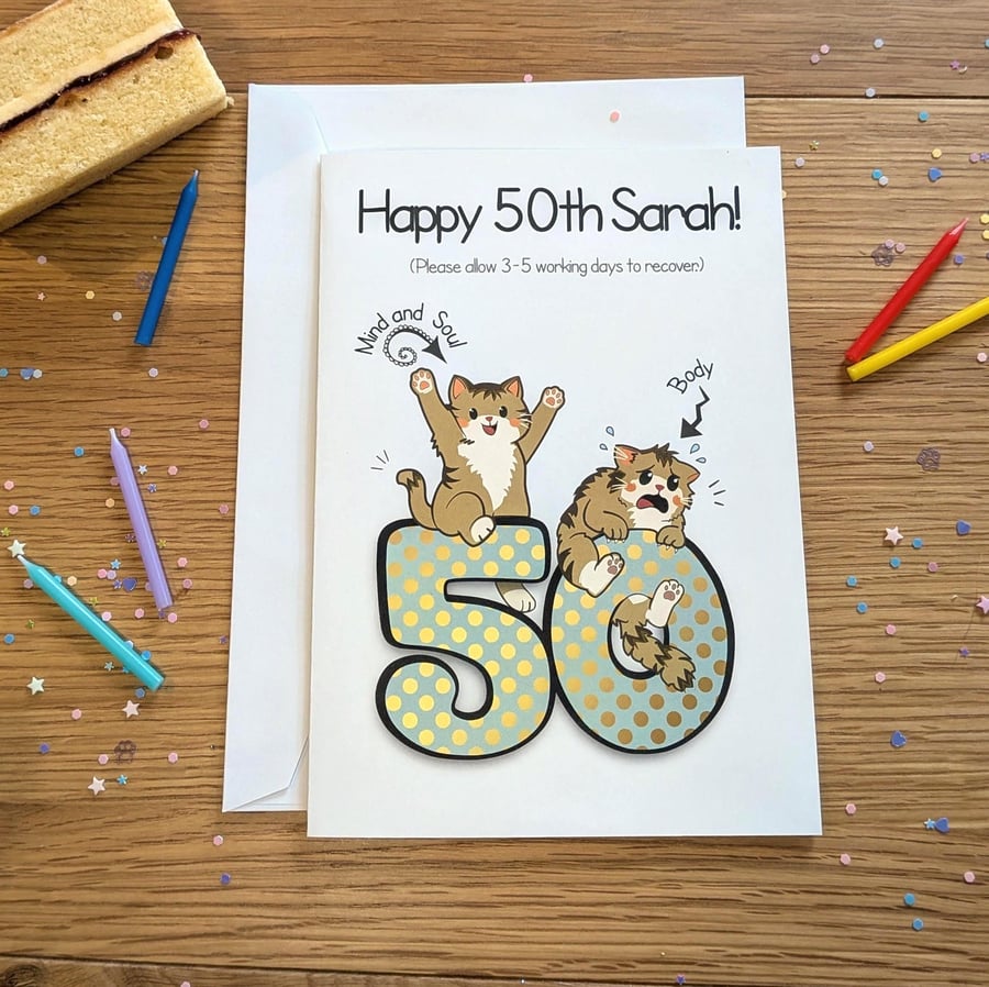 Funny Cat 50th Birthday Card, Sarcastic Milestone Greeting Personalised A5