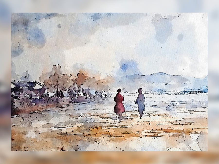 Tranquil Walk by Sea Watercolor, 5" x 7" Matte Print