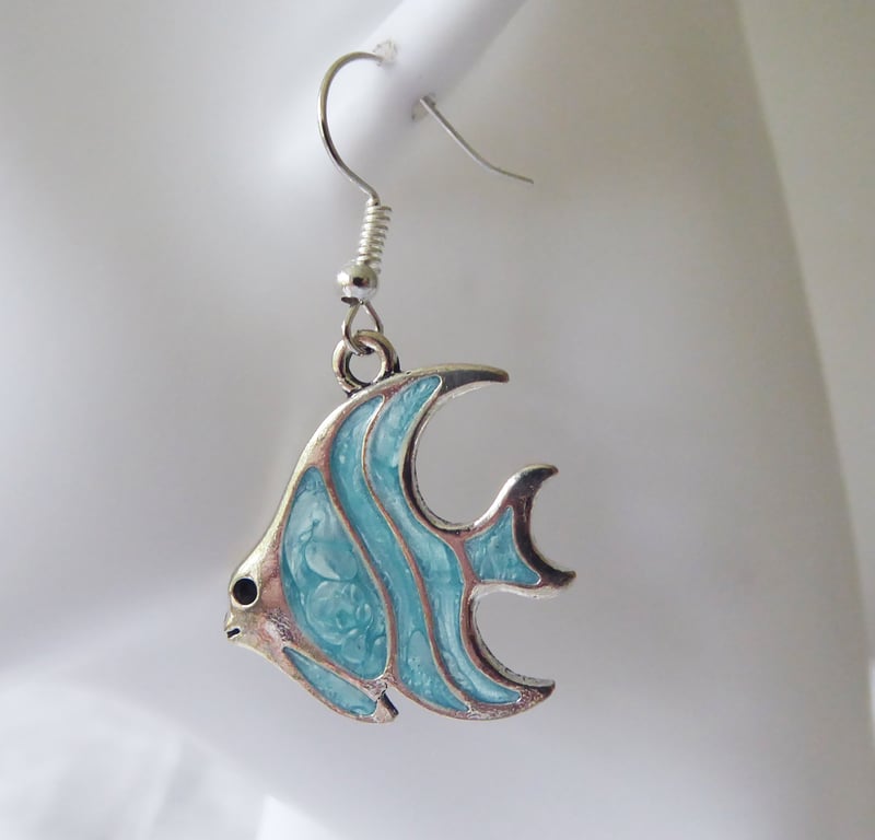 Aqua-Blue Enamelled Angel Fish Earrings 