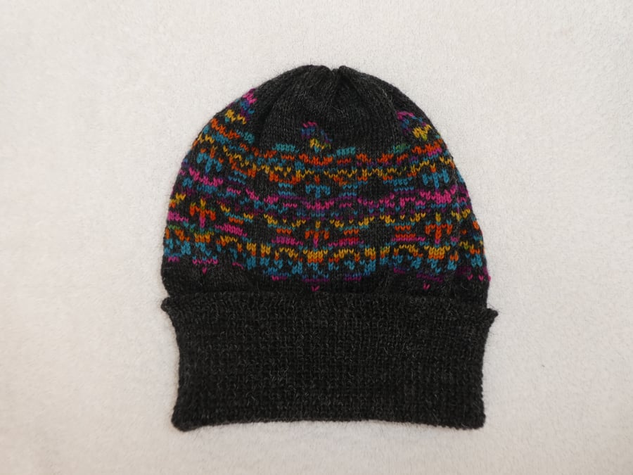 Fair Isle Beanie Style Hat Knitted in 4 ply Wool 