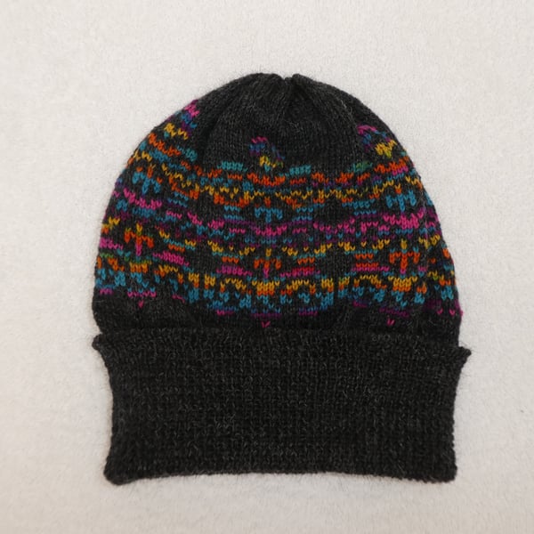 Fair Isle Beanie Style Hat Knitted in 4 ply Wool 
