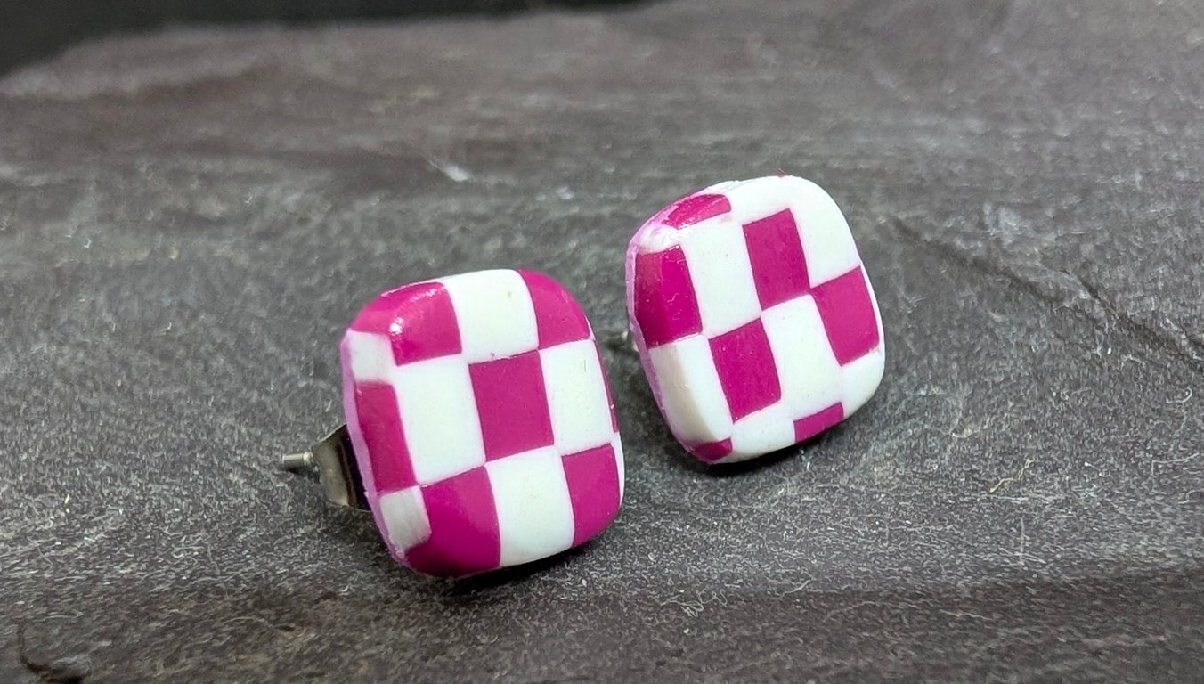 Pink & White Checkered Square Stud Earrings
