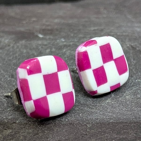 Pink & White Checkered Square Stud Earrings