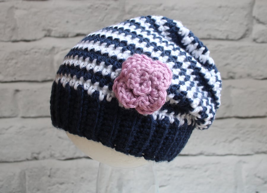 Slouchy Hat for Toddler Girl - Navy and White with Pink Flower- Younger Girl Hat