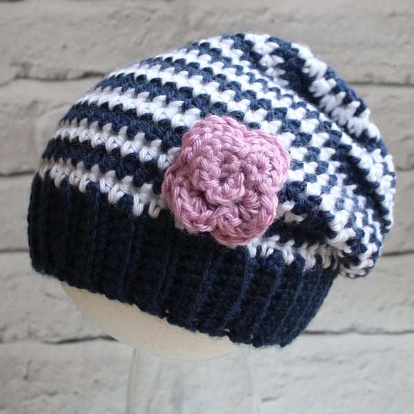 Slouchy Hat for Toddler Girl - Navy and White with Pink Flower- Younger Girl Hat