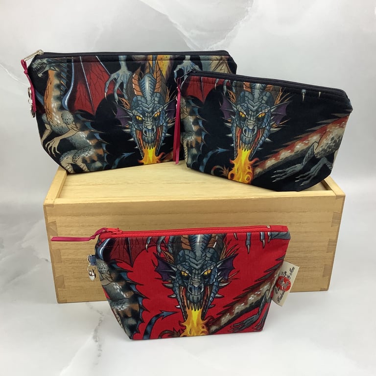 Handmade dragons zip bag, Gothic makeup case, 4 options