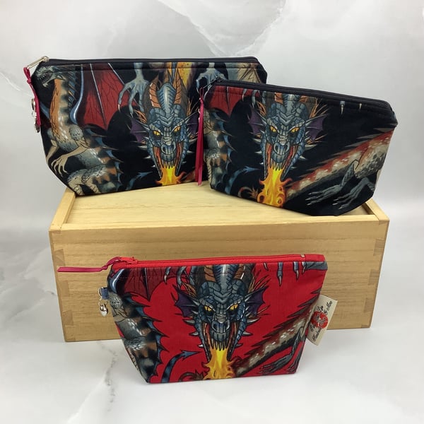 Handmade dragons zip bag, Gothic makeup case, 4 options