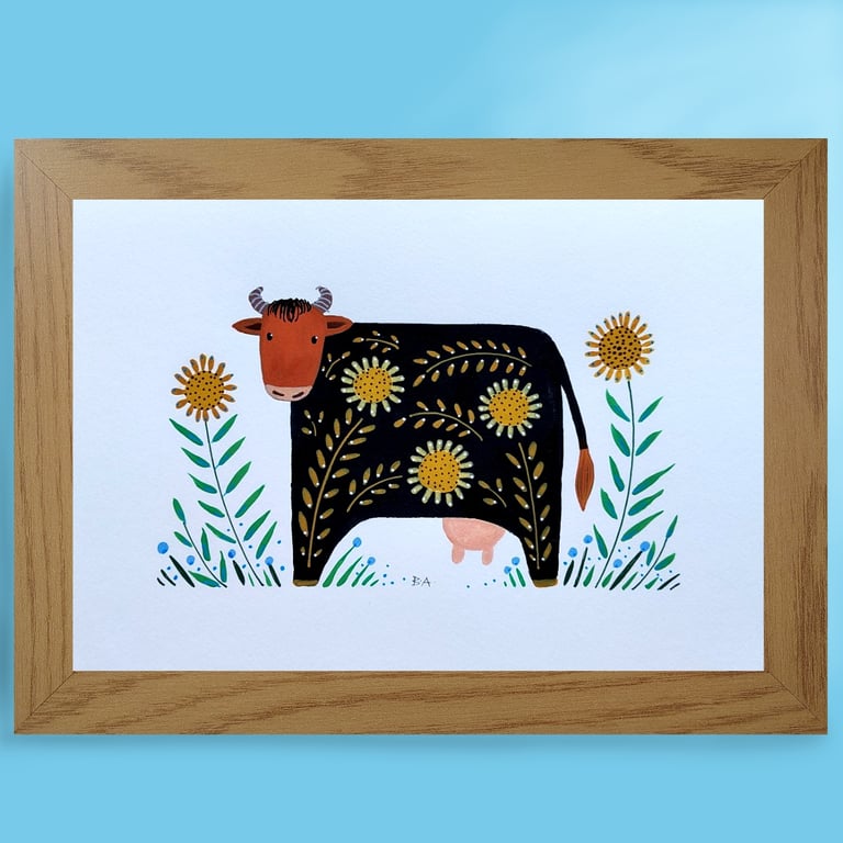 Cow folk art painting, Framed original cow painting, country style painting