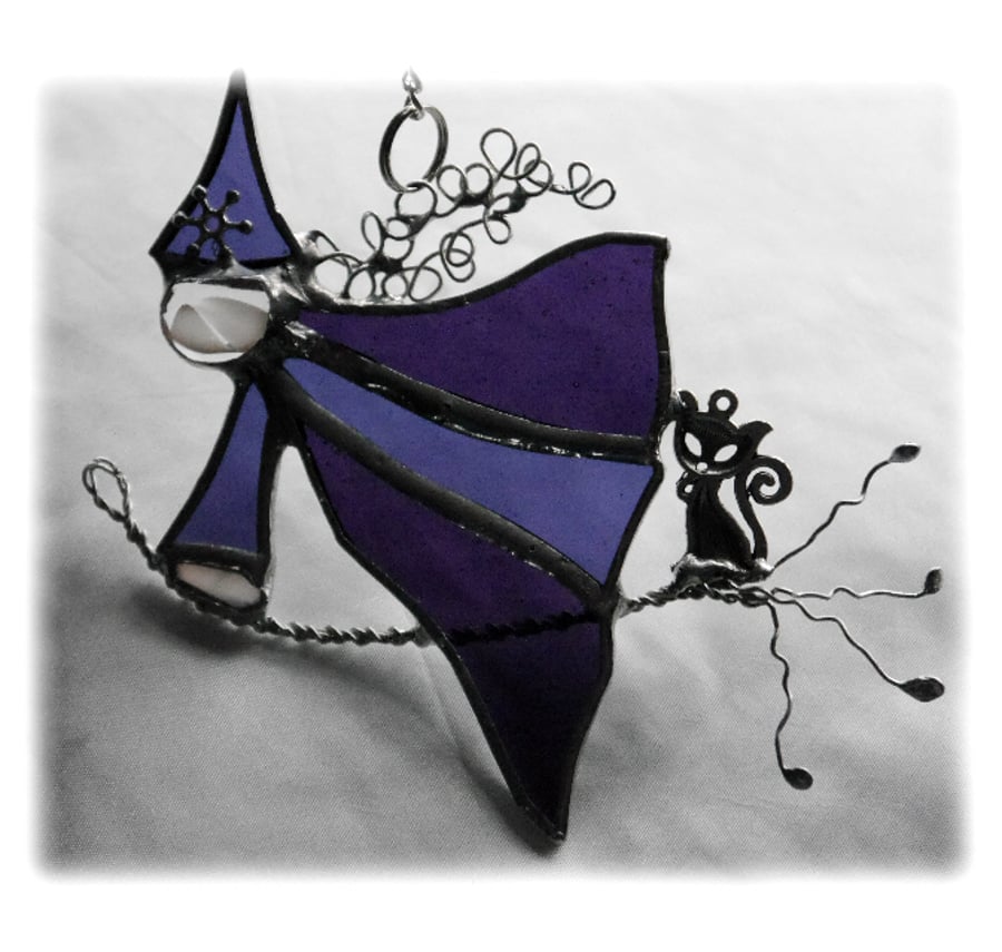 Witch on Broomstick Suncatcher Stained Glass 017x Cat Handmade 