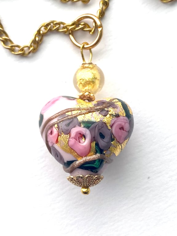 Pink and gold Murano glass pendant