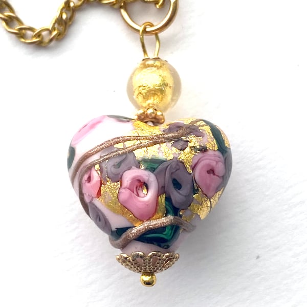 Pink and gold Murano glass pendant