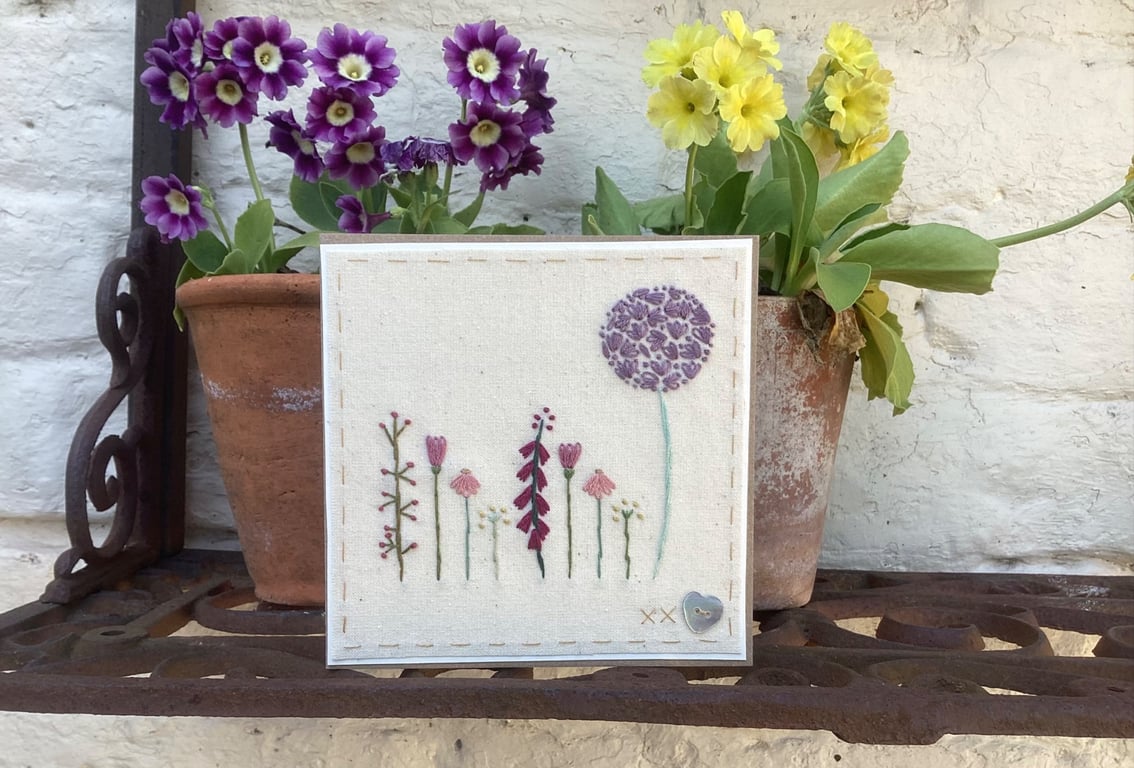 Hand embroidered card - Little Cottage garden 
