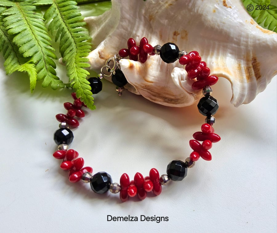 Designer Eco Bamboo Coral & Black Onyx Hand Made Sterling Silver Bracelet
