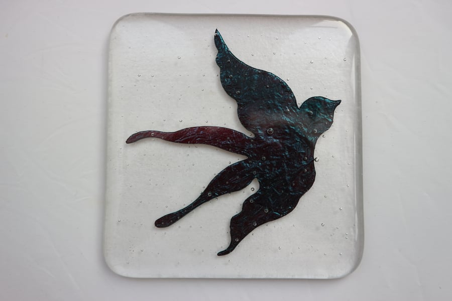 Handmade glass coaster - copper dove on clear