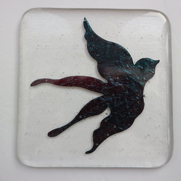 Handmade glass coaster - copper dove on clear