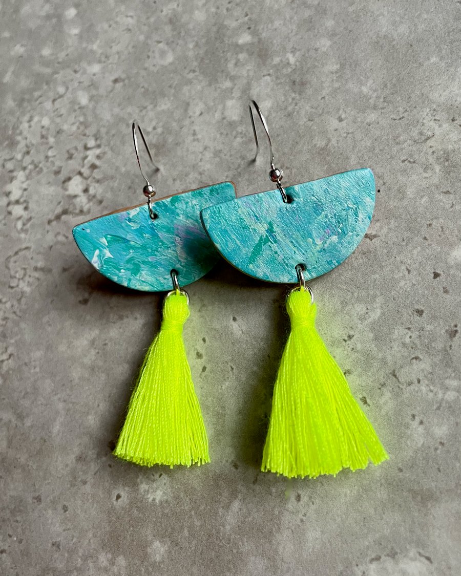 Sea Breeze Blue Half Moon Hand Painted Leather Earrings with Tassel