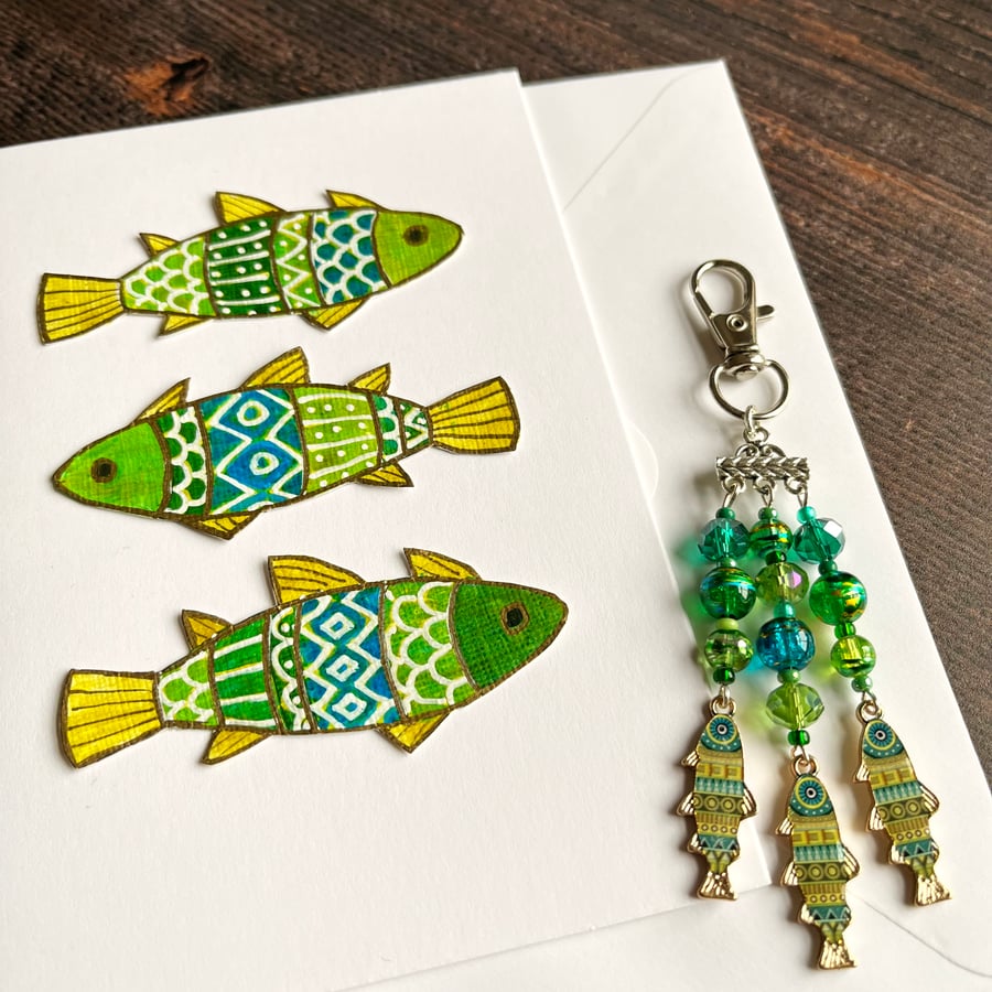 Pretty bag charm and matching card, fish bag charm, Pisces gift, fish card
