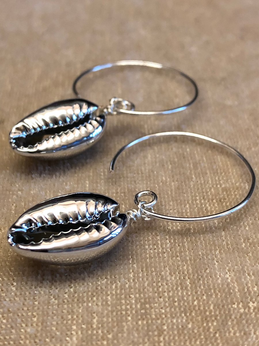 Silver Cowrie Shell Hoop Earrings 