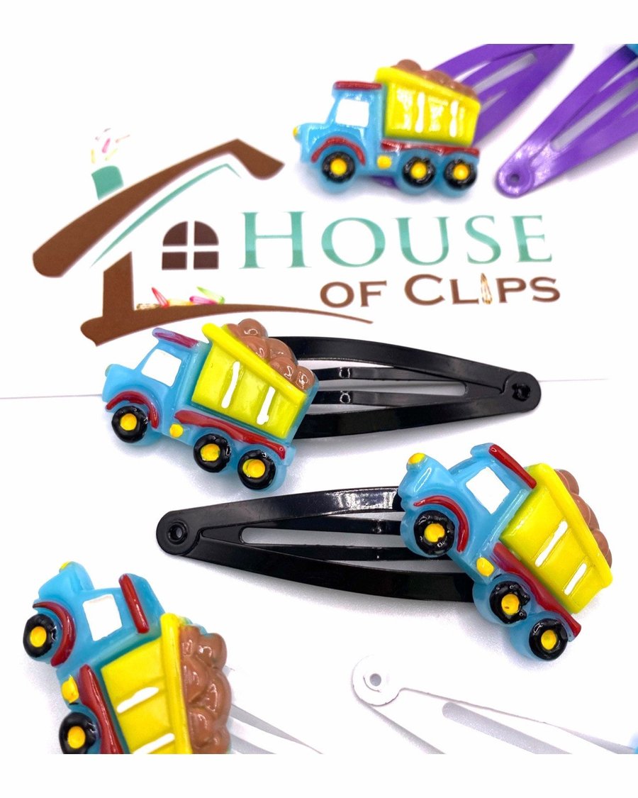 Dumper Truck Hair Clips x2 - Boys and Girls Hair Slides Non-Slip - Construction 