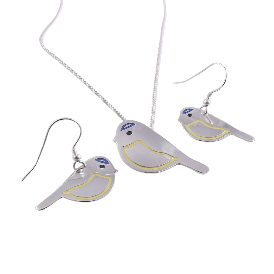 Blue tit jewellery set - large pendant and drop earrings (sterling silver)
