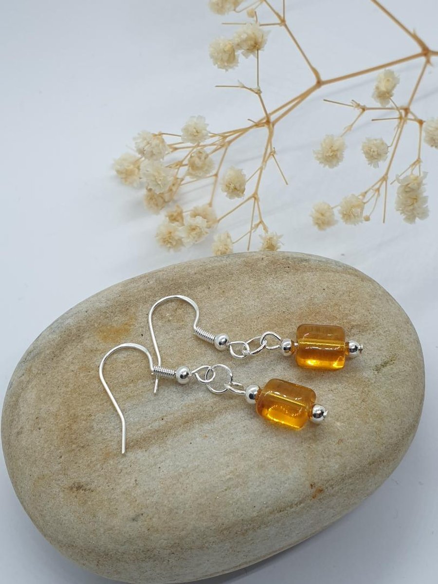 silver plated earrings with yellow retangular beads small everyday earrings