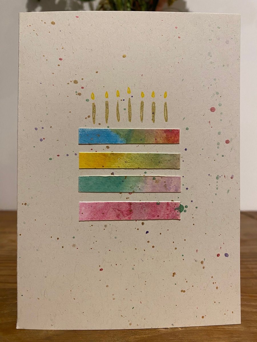 Handmade Birthday Card with Rainbow Multicolour Birthday Cake and Gold Candles