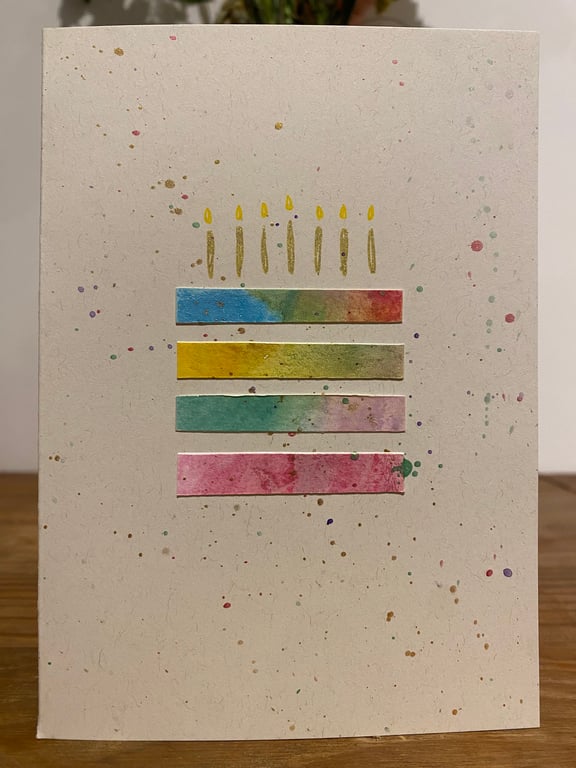 Handmade Birthday Card with Rainbow Multicolour Birthday Cake and Gold Candles