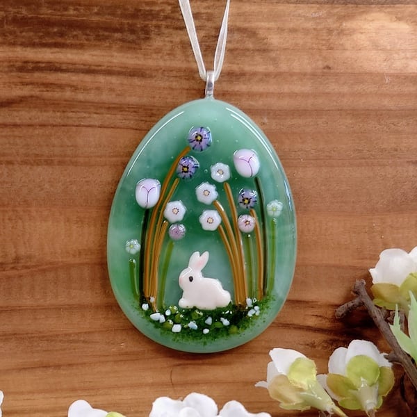 Green Glass Easter Egg With Easter Bunny and Flowers; Everlasting Easter Egg 