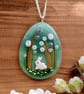 Green Glass Easter Egg With Easter Bunny and Flowers; Everlasting Easter Egg 