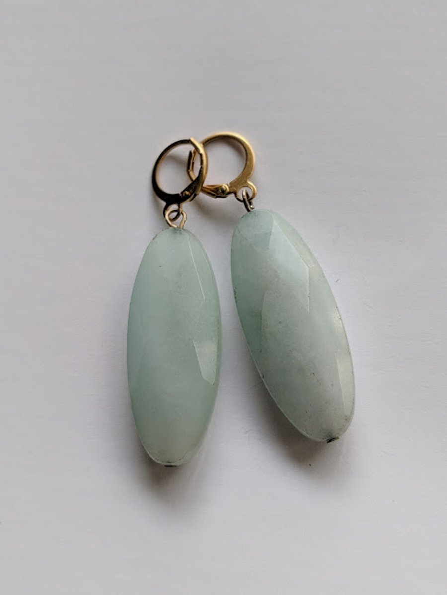 gold plated green quartz long drop earrings