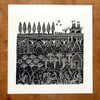 ORIGINAL lino print - 'Down the allotments' 