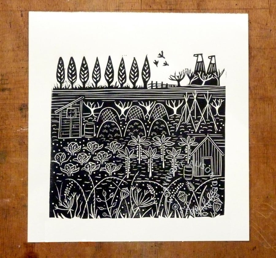 ORIGINAL lino print - 'Down the allotments' 