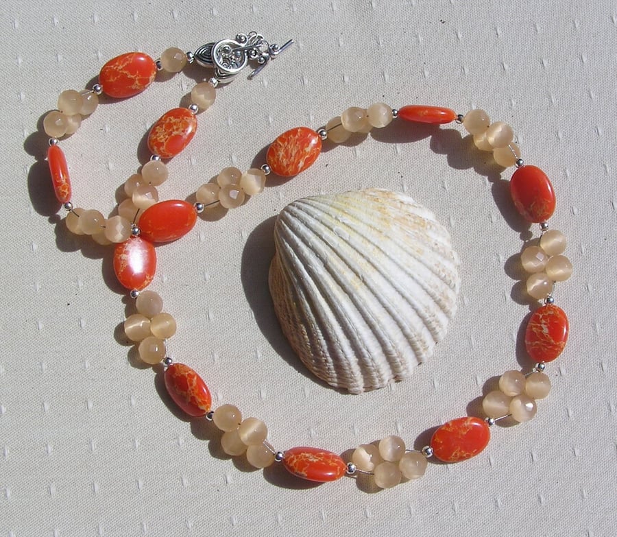 Orange Sea Sediment Jasper & Cat's Eye Gemstone Statement Beaded Necklace