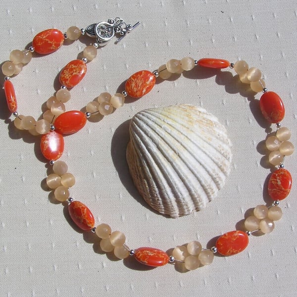 Orange Sea Sediment Jasper & Cat's Eye Gemstone Statement Beaded Necklace