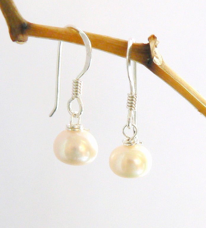 Ivory  Grade A Button Freshwater Pearl Drop Earrings