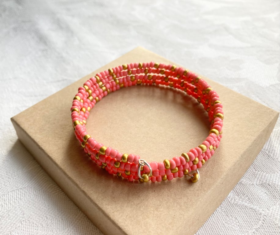 Coral & Gold memory wire bracelet 