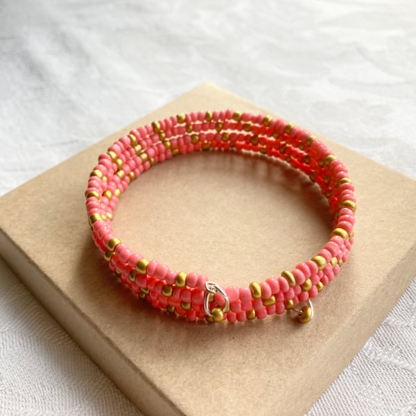 Coral & Gold memory wire bracelet 